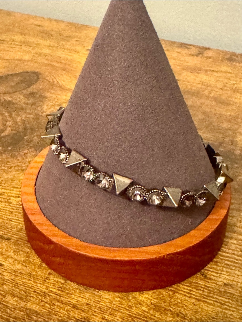 Studded Rhinestone Bangle Bracelet Gunmetal Pyramid‎ Slip On Edgy Punk Goth